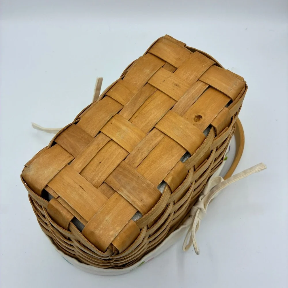 Vintage Splint Basket Wood Swing Handle Fabric Tulip Liner Oval